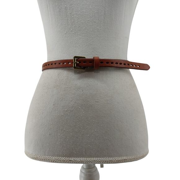 Skinny Brown Leather Women's Belt Preppy Minimalist Small - Picture 1 of 11